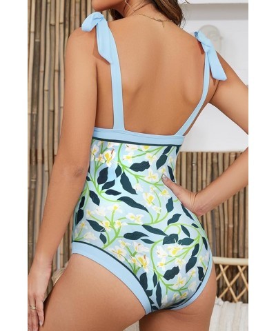 One Piece Swimsuit Tummy Control 1 Piece Swimsuit Sexy Bathing Suit One Piece for Women Light Blue Print $21.76 Swimsuits