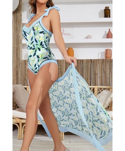 One Piece Swimsuit Tummy Control 1 Piece Swimsuit Sexy Bathing Suit One Piece for Women Light Blue Print $21.76 Swimsuits