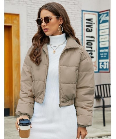 Womens Casual Cropped Quilted Puffer Jacket Full Zip Stand Collar Outwear Coats Light Khaki $20.29 Jackets