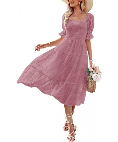 Women's 2024 Summer Square Neck Puff Sleeve Boho Midi Dress Swiss Dot Ruffle Flowy Tie Back Dress Purple $22.36 Dresses