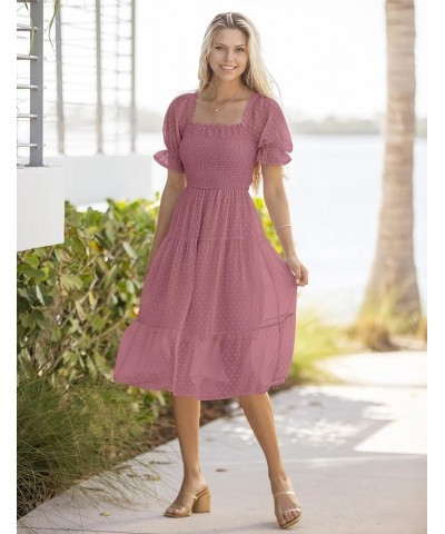 Women's 2024 Summer Square Neck Puff Sleeve Boho Midi Dress Swiss Dot Ruffle Flowy Tie Back Dress Purple $22.36 Dresses