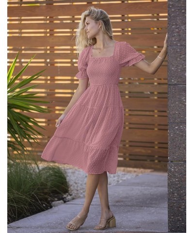 Women's 2024 Summer Square Neck Puff Sleeve Boho Midi Dress Swiss Dot Ruffle Flowy Tie Back Dress Purple $22.36 Dresses