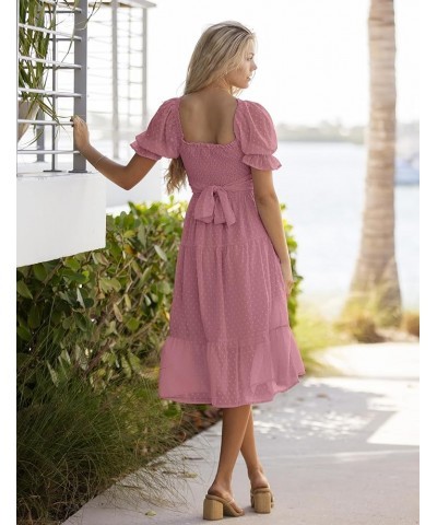 Women's 2024 Summer Square Neck Puff Sleeve Boho Midi Dress Swiss Dot Ruffle Flowy Tie Back Dress Purple $22.36 Dresses