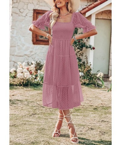 Women's 2024 Summer Square Neck Puff Sleeve Boho Midi Dress Swiss Dot Ruffle Flowy Tie Back Dress Purple $22.36 Dresses