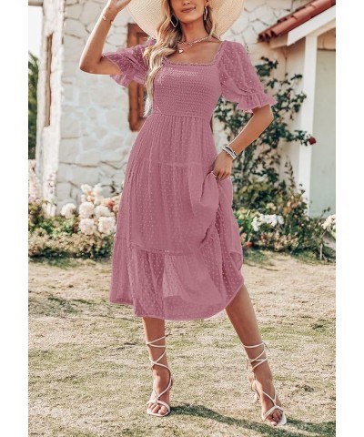 Women's 2024 Summer Square Neck Puff Sleeve Boho Midi Dress Swiss Dot Ruffle Flowy Tie Back Dress Purple $22.36 Dresses