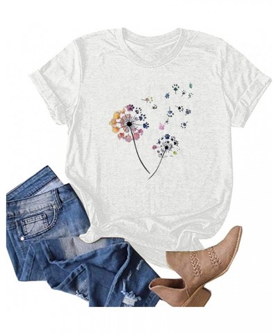 Spring Tops for Women Summer Dandelion Print Solid T Shirts Rolled Cuff Short Sleeve Crewneck Blouses Comfy Loose T15-white $...