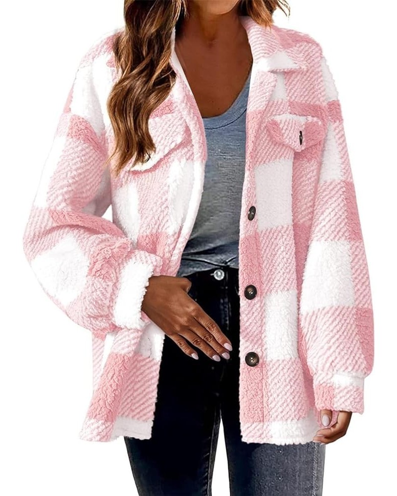 Womens Soft Comfy Flannel Plaid Shacket Casual Button up Long Sleeve Jackets Winter Shirts Clothes with Pockets A35 Pink $13....