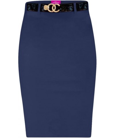 Stretchy Pull on Pencil Skirt for Women with Pockets and Belt Denim Blue $13.20 Skirts