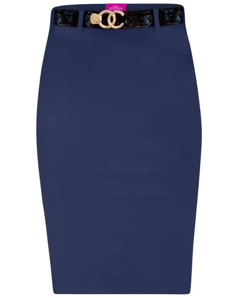 Stretchy Pull on Pencil Skirt for Women with Pockets and Belt Denim Blue $13.20 Skirts