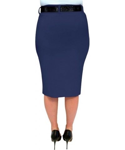 Stretchy Pull on Pencil Skirt for Women with Pockets and Belt Denim Blue $13.20 Skirts