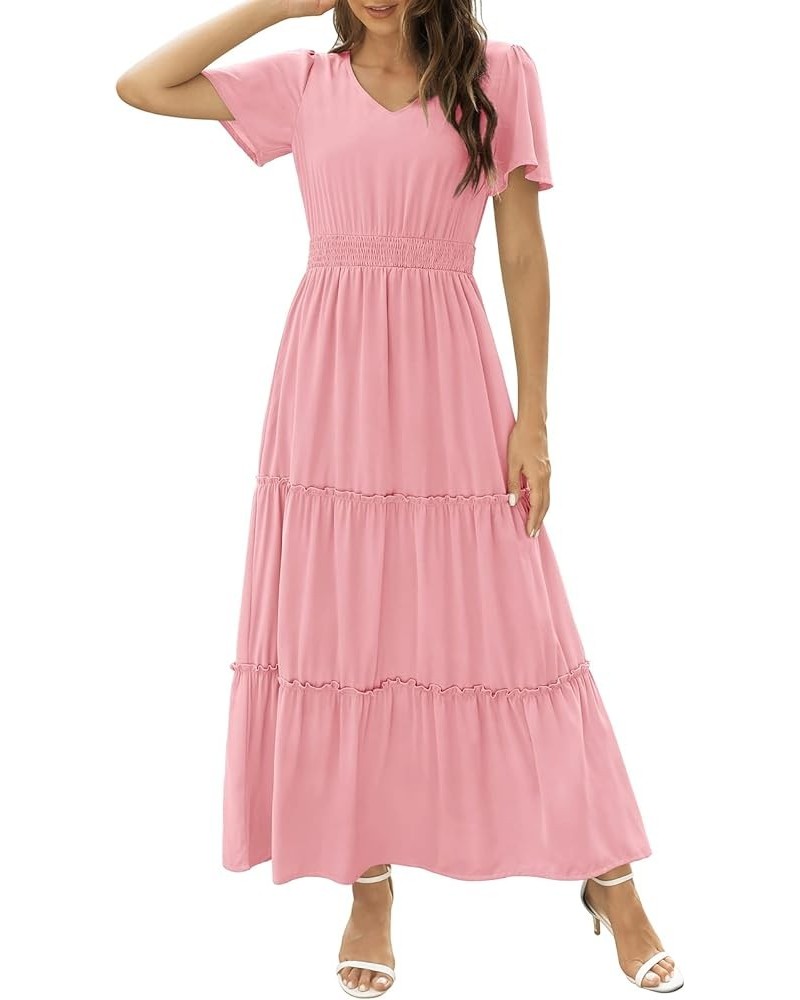 Womens 2024 Long Summer Dress Short Flutter Sleeve V Neck Casual Smocked Tiered Modest Floral Boho Maxi Dress Pink Blush $13....