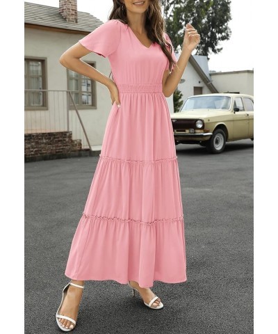 Womens 2024 Long Summer Dress Short Flutter Sleeve V Neck Casual Smocked Tiered Modest Floral Boho Maxi Dress Pink Blush $13....