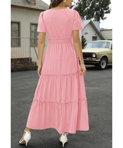 Womens 2024 Long Summer Dress Short Flutter Sleeve V Neck Casual Smocked Tiered Modest Floral Boho Maxi Dress Pink Blush $13....