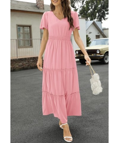 Womens 2024 Long Summer Dress Short Flutter Sleeve V Neck Casual Smocked Tiered Modest Floral Boho Maxi Dress Pink Blush $13....