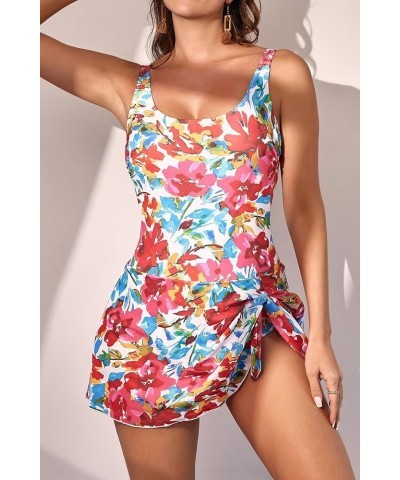 One Piece Swimdress Swimsuits for Women Tummy Control Swim Dresses Skirt Bathing Suit Red Floral Print $19.36 Swimsuits