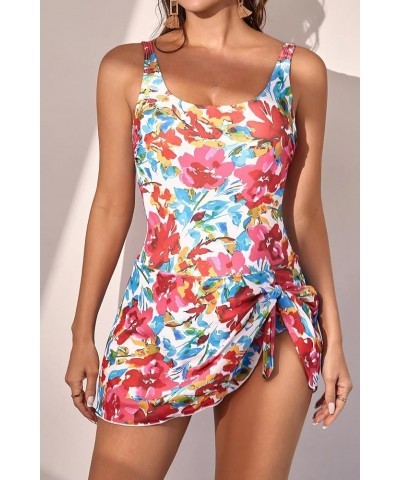 One Piece Swimdress Swimsuits for Women Tummy Control Swim Dresses Skirt Bathing Suit Red Floral Print $19.36 Swimsuits