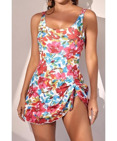 One Piece Swimdress Swimsuits for Women Tummy Control Swim Dresses Skirt Bathing Suit Red Floral Print $19.36 Swimsuits