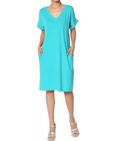 S~3X Rolled Short Sleeve Side Pocket V-Neck Jersey Midi T-Shirt Dress Ice Blue $11.00 Dresses