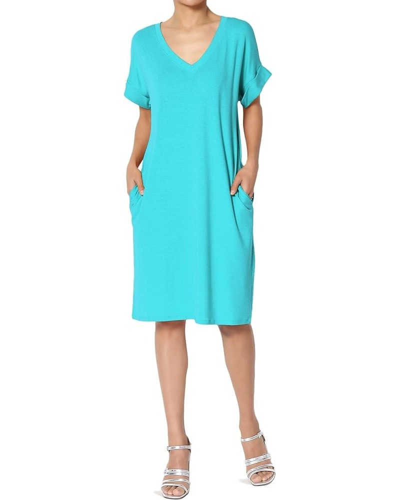 S~3X Rolled Short Sleeve Side Pocket V-Neck Jersey Midi T-Shirt Dress Ice Blue $11.00 Dresses