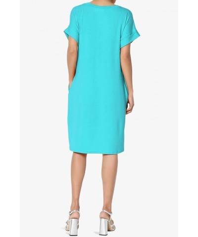 S~3X Rolled Short Sleeve Side Pocket V-Neck Jersey Midi T-Shirt Dress Ice Blue $11.00 Dresses