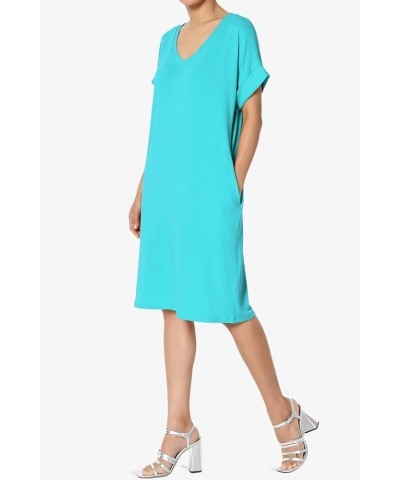 S~3X Rolled Short Sleeve Side Pocket V-Neck Jersey Midi T-Shirt Dress Ice Blue $11.00 Dresses