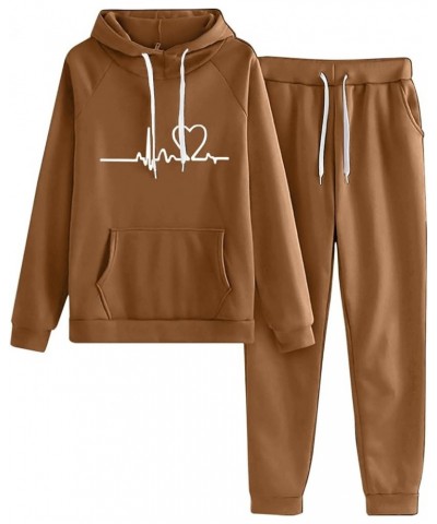 Lounge Sets for Women 2 Piece Matching Oufits Love Heart Print Hoodie Sweatshirt Sweatsuits Valentines Day Tracksuits Coffee ...