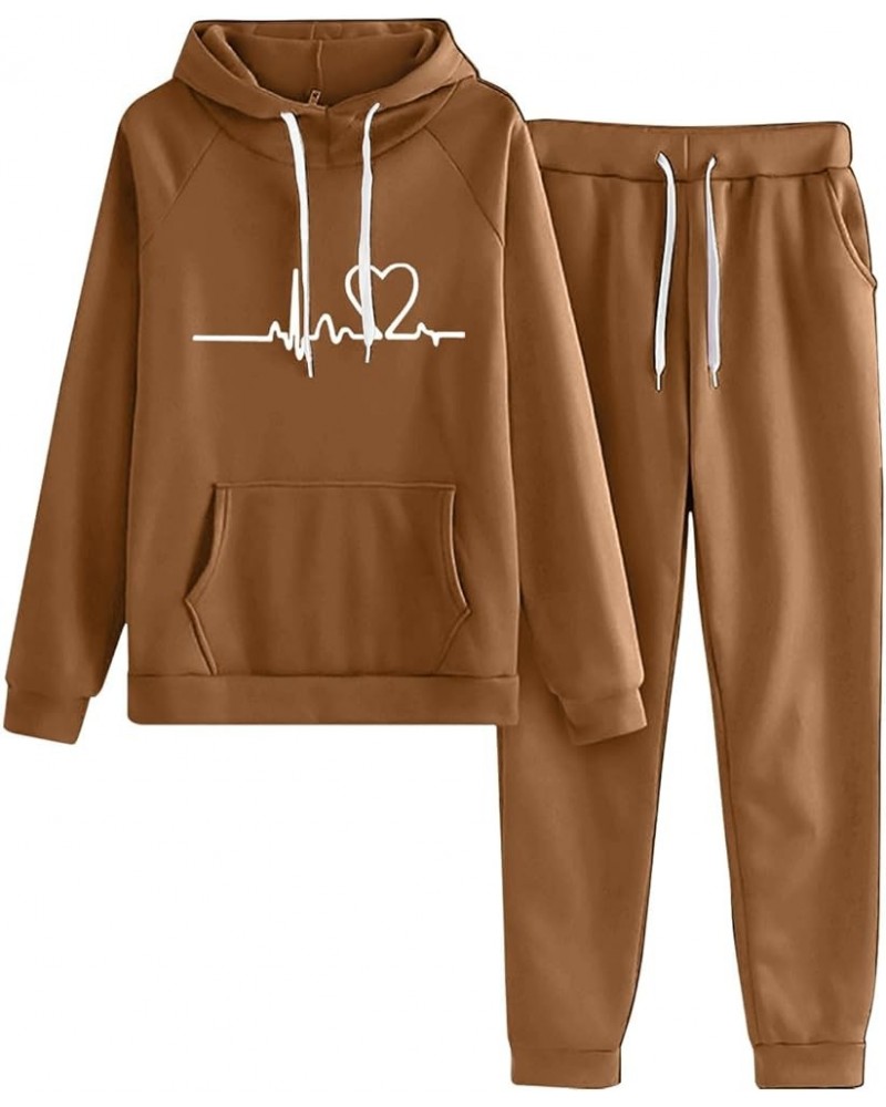 Lounge Sets for Women 2 Piece Matching Oufits Love Heart Print Hoodie Sweatshirt Sweatsuits Valentines Day Tracksuits Coffee ...