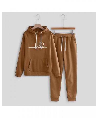 Lounge Sets for Women 2 Piece Matching Oufits Love Heart Print Hoodie Sweatshirt Sweatsuits Valentines Day Tracksuits Coffee ...