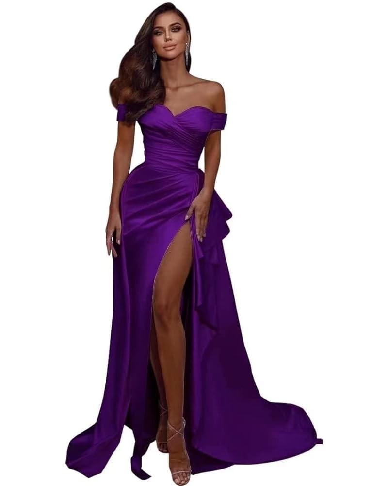 Women’s Off Shoulder Mermaid Prom Dresses with High Split Satin Ruched Long Formal Evening Gowns Sexy Purple $39.89 Dresses