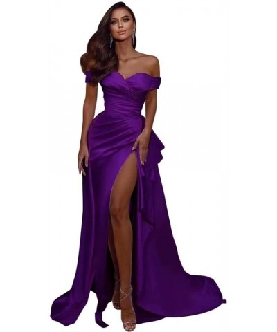 Women’s Off Shoulder Mermaid Prom Dresses with High Split Satin Ruched Long Formal Evening Gowns Sexy Purple $39.89 Dresses