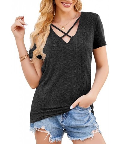 Womens T Shirts 2024 Summer Tops Loose Short Sleeve Tee Casual Basic V Neck Tunics Low Cut Sexy Criss Cross Cute T Eyelet Bla...