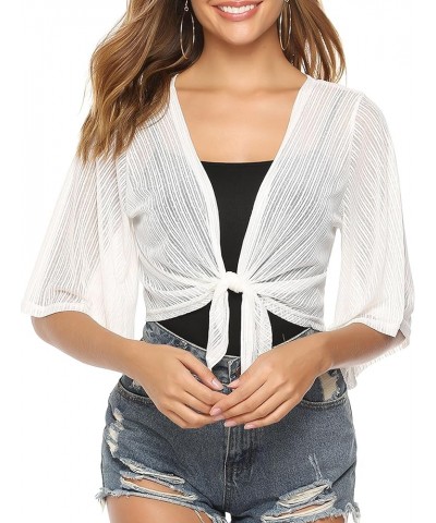 Women Tie Front Chiffon Shrug Short Sleeve Cropped Sheer Bolero Shrug Cardigan New Style 2-white $11.74 Sweaters