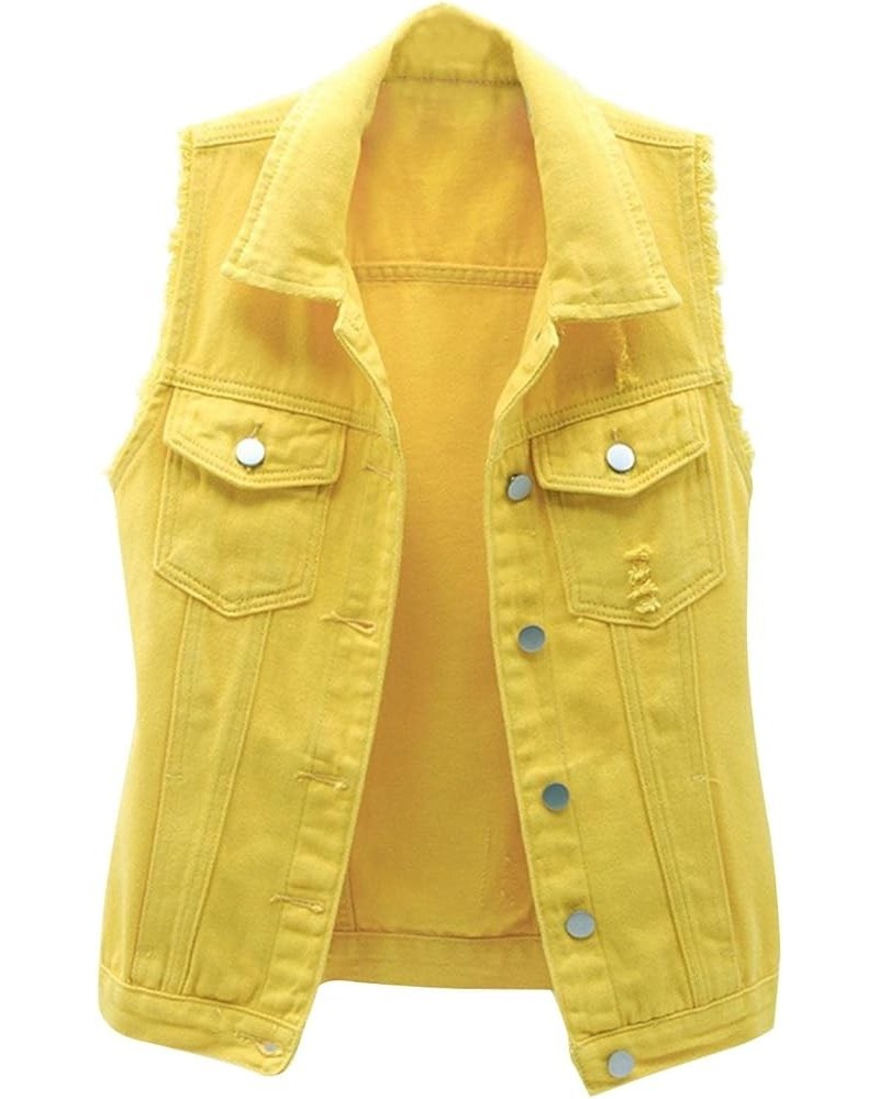 Women's Casual Lapel Denim Vest Jacket Button Down Washed Cropped Coats Slim Fit Frayed Ripped Jean Waistcoat Tops 1-yellow $...