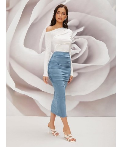 Women's 2 Pieces Top and Skirt Set Asymmetrical Neck Top & Ruched Skirts Rib-Knit Slim Fit X-Small Blue and White $21.39 Suits