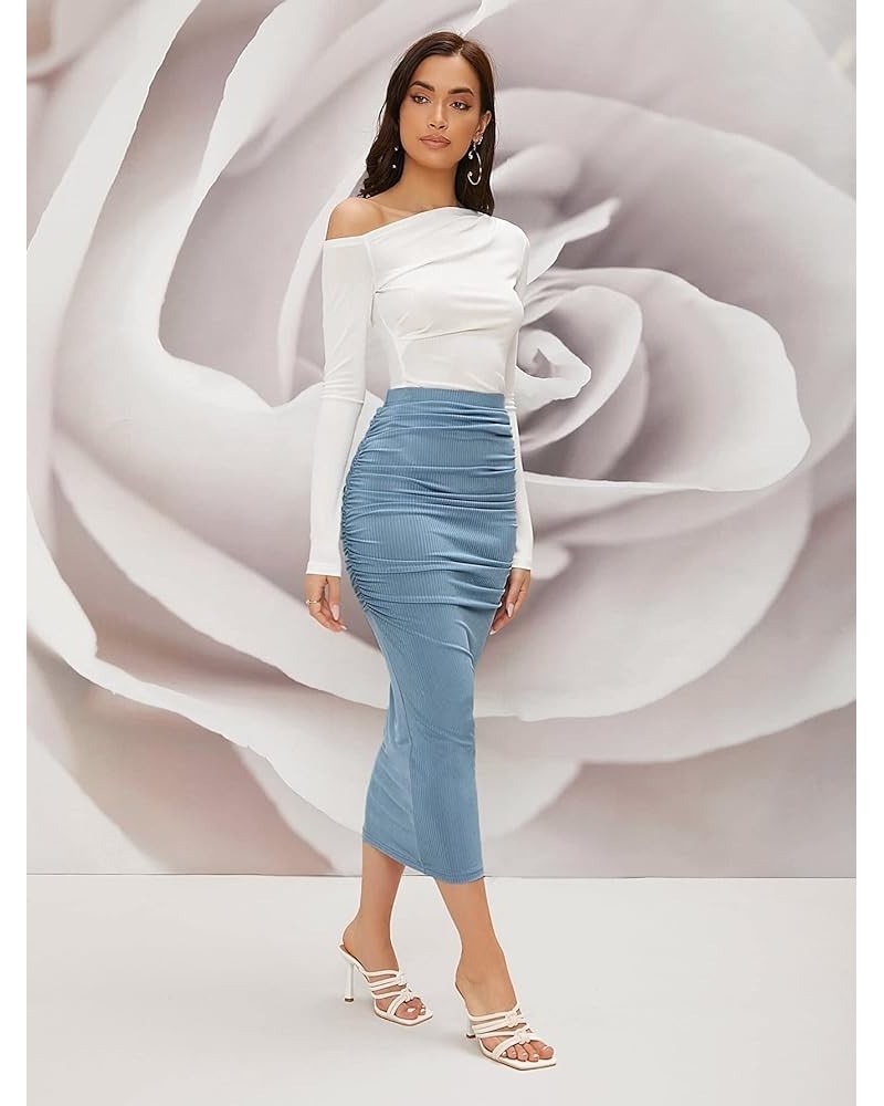 Women's 2 Pieces Top and Skirt Set Asymmetrical Neck Top & Ruched Skirts Rib-Knit Slim Fit X-Small Blue and White $21.39 Suits