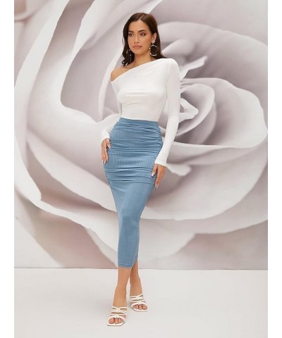 Women's 2 Pieces Top and Skirt Set Asymmetrical Neck Top & Ruched Skirts Rib-Knit Slim Fit X-Small Blue and White $21.39 Suits