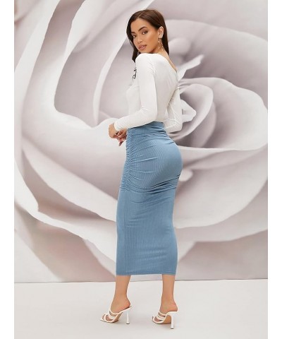 Women's 2 Pieces Top and Skirt Set Asymmetrical Neck Top & Ruched Skirts Rib-Knit Slim Fit X-Small Blue and White $21.39 Suits