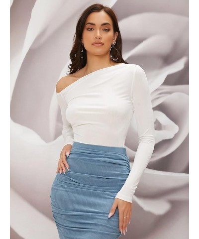 Women's 2 Pieces Top and Skirt Set Asymmetrical Neck Top & Ruched Skirts Rib-Knit Slim Fit X-Small Blue and White $21.39 Suits