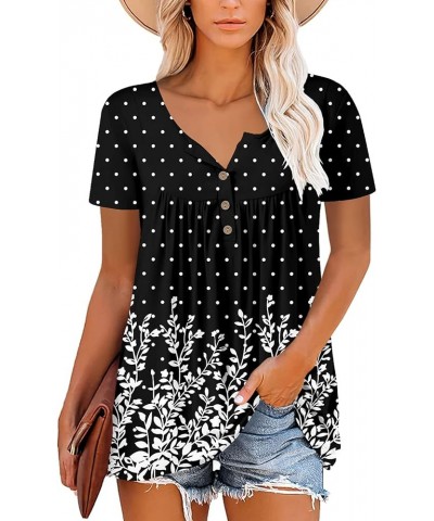 Womens Henley V Neck Casual Blouse Button Down T Shirts Flare and Flowy Tops 2-dot Black $12.74 Tops