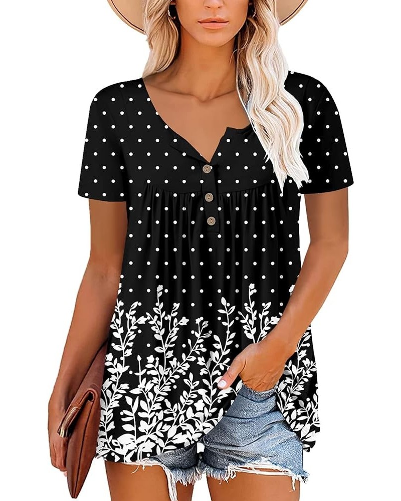 Womens Henley V Neck Casual Blouse Button Down T Shirts Flare and Flowy Tops 2-dot Black $12.74 Tops