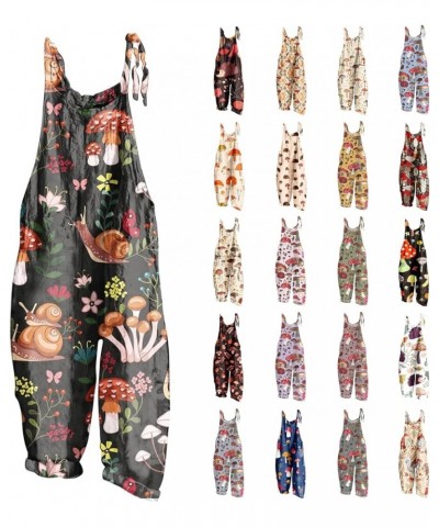 Jumpsuits for Women Plus Size Spaghetti Strap Casual Loose Overalls Cute Mushroom Hedgehogs Printed Wide Leg Rompers 01-black...