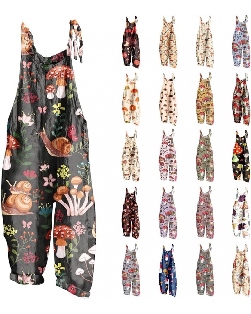 Jumpsuits for Women Plus Size Spaghetti Strap Casual Loose Overalls Cute Mushroom Hedgehogs Printed Wide Leg Rompers 01-black...