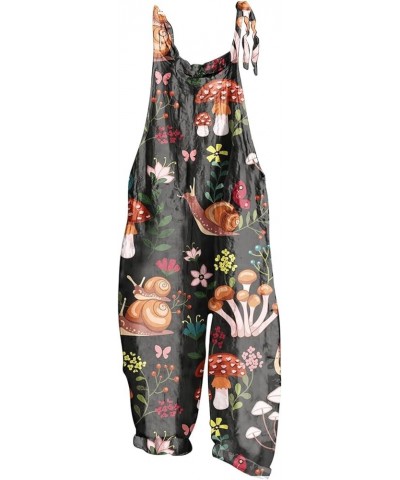 Jumpsuits for Women Plus Size Spaghetti Strap Casual Loose Overalls Cute Mushroom Hedgehogs Printed Wide Leg Rompers 01-black...