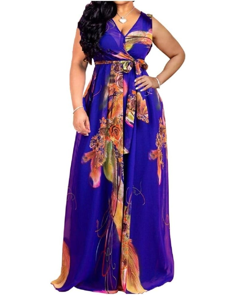 Womens Maxi Dress Boho Chiffon Floral Printed Long Party Dresses Plus Size with Belt (FBA) Sleeveless-navyfloral $24.32 Dresses