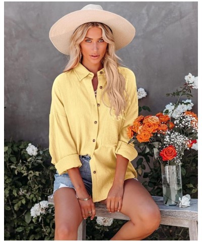 Womens Button Down Shirts Cotton Long Sleeve Oversized Boyfriend Blouses Collared Dress Tops with Pockets Yellow $12.00 Blouses