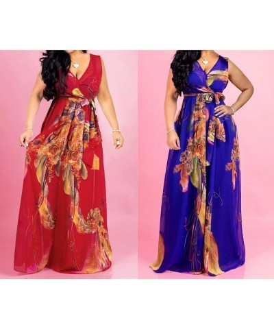 Womens Maxi Dress Boho Chiffon Floral Printed Long Party Dresses Plus Size with Belt (FBA) Sleeveless-navyfloral $24.32 Dresses