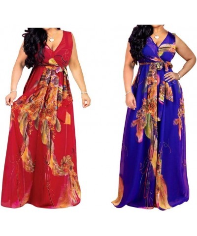 Womens Maxi Dress Boho Chiffon Floral Printed Long Party Dresses Plus Size with Belt (FBA) Sleeveless-navyfloral $24.32 Dresses