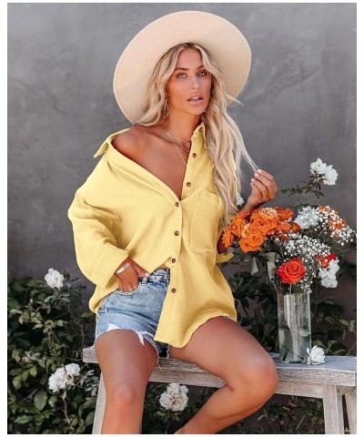 Womens Button Down Shirts Cotton Long Sleeve Oversized Boyfriend Blouses Collared Dress Tops with Pockets Yellow $12.00 Blouses