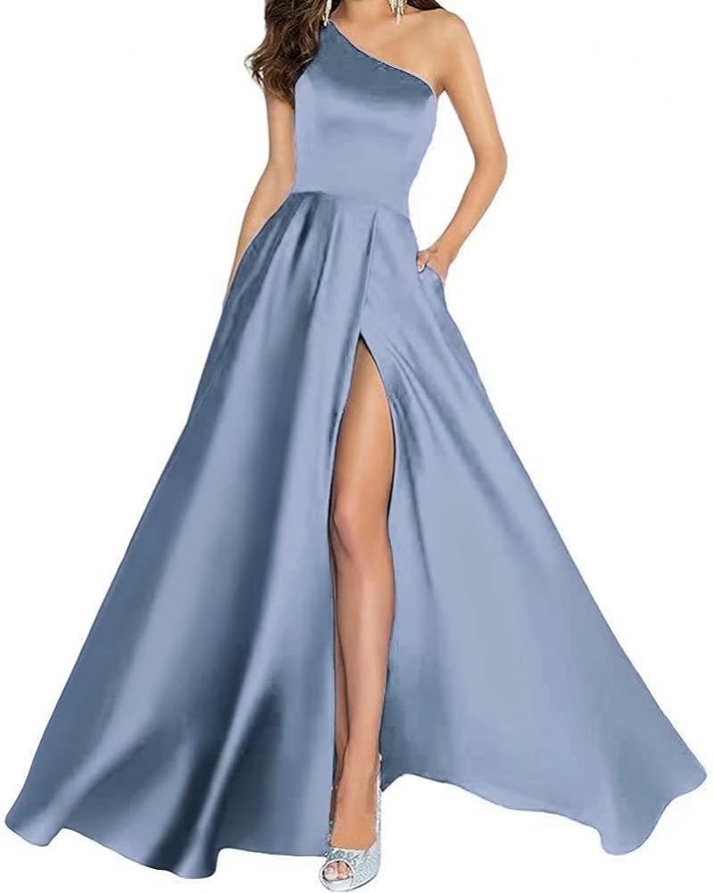 One Shoulder Long Prom Dresses for Women Satin A Line Formal Evening Party Gowns with Slit Dusty Blue $33.14 Dresses