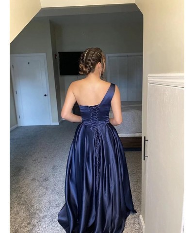 One Shoulder Long Prom Dresses for Women Satin A Line Formal Evening Party Gowns with Slit Dusty Blue $33.14 Dresses